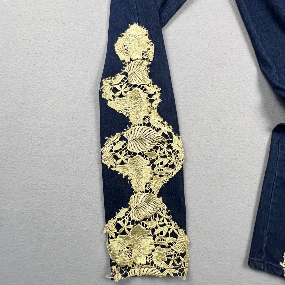 K. Jordan Lace Applique Jeans Womens 16 Blue Dark Wash Skinny Boho Denim Pants - Picture 10 of 13